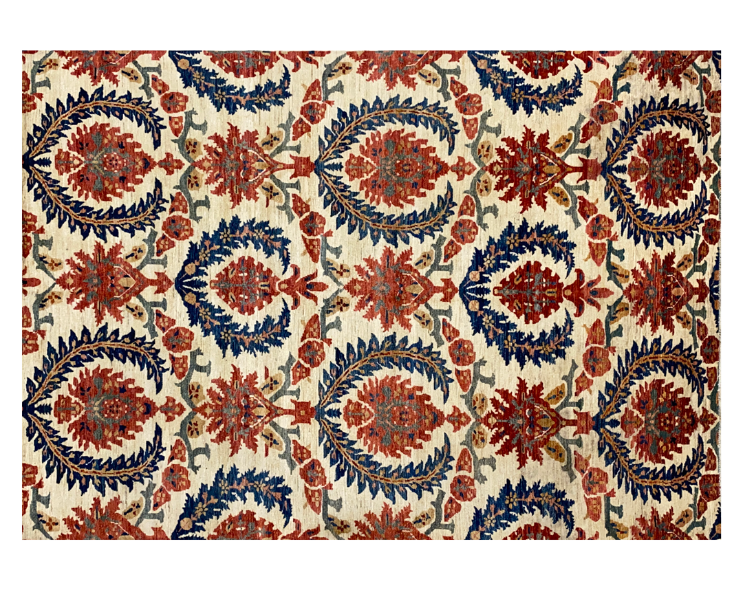 Fine Aryana ivory red blue rug full detail